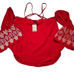 Banjara Red Crop Shirt NEW Strappy Cold Shoulder Top 3/4 Bell Sleeves Women's S